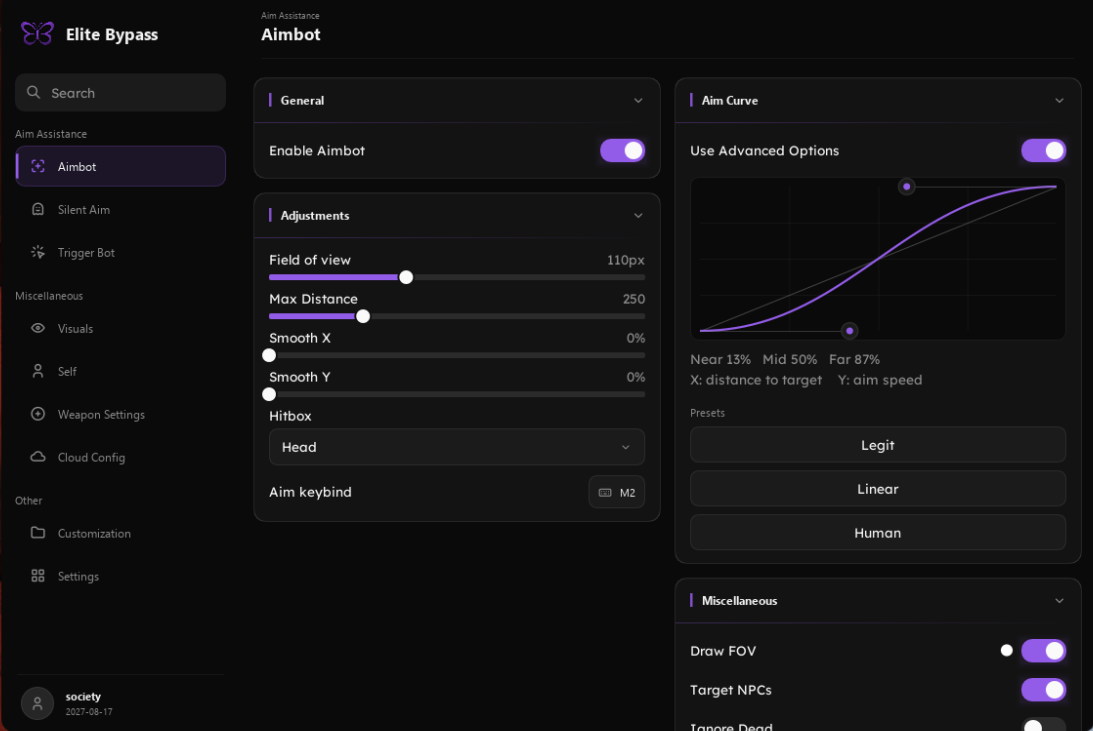 Elite Bypass menu showing aimbot controls, sliders, aim curve, and settings